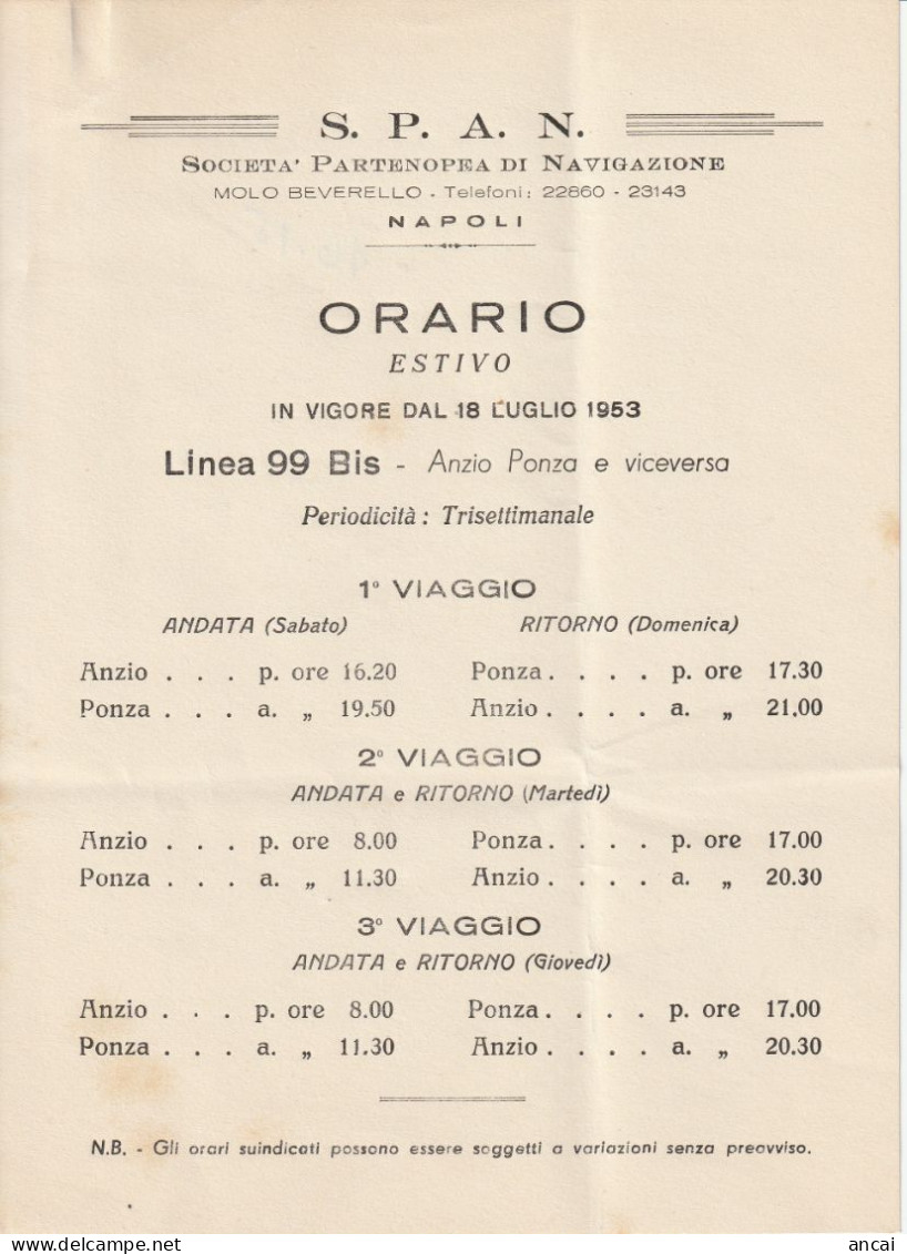 Napoli. SOCIETA' PARTENOPEA DI NAVIGAZIONE (S.P.A.N.). Orario Estivo 1953. INTERESSANTE DOCUMENTO. MOLTO RARO. - Europa