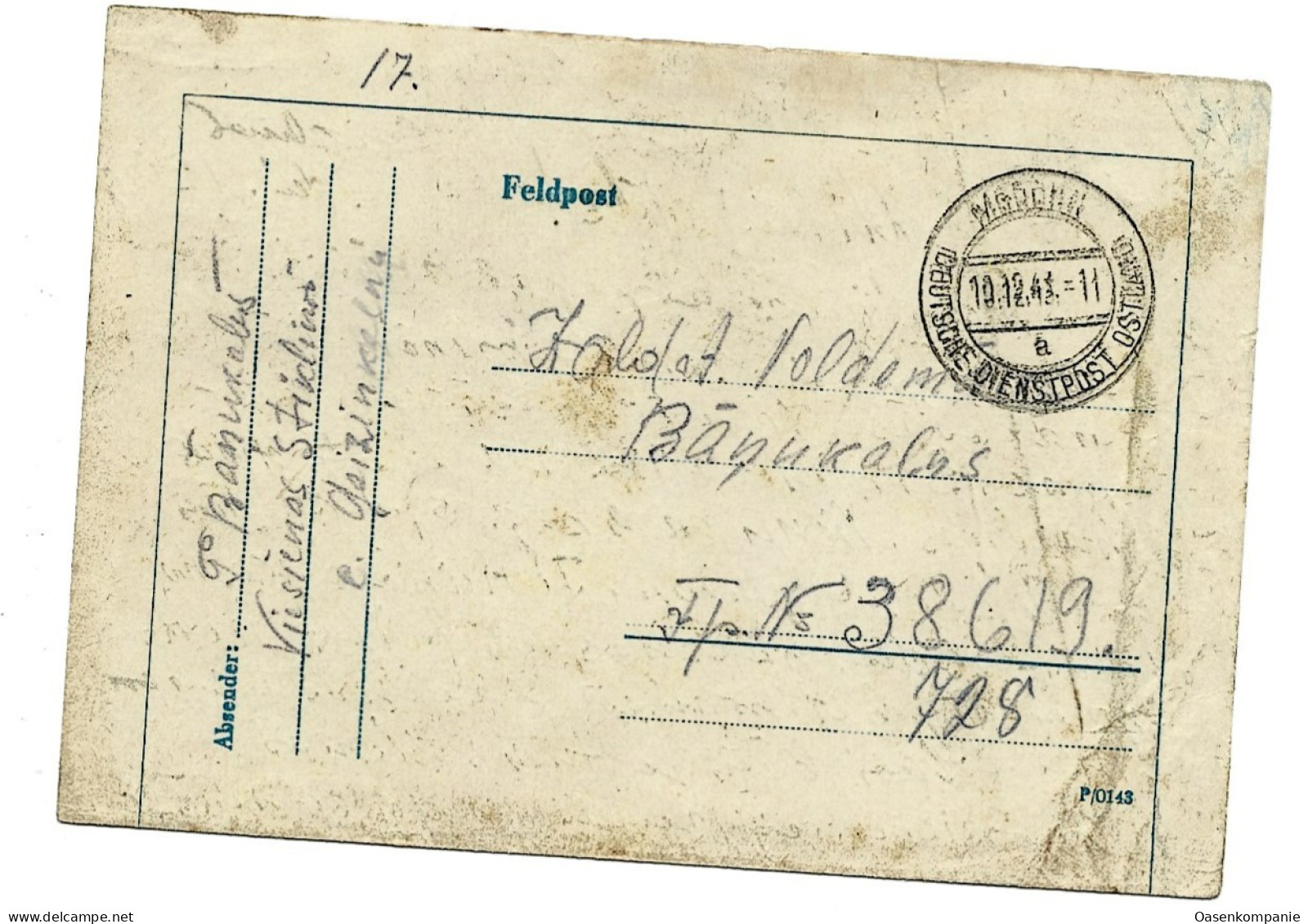 Feldpost Lettland Freiwilliger Dienstpost Ostland Modohn 1943 - Feldpost 2e Wereldoorlog