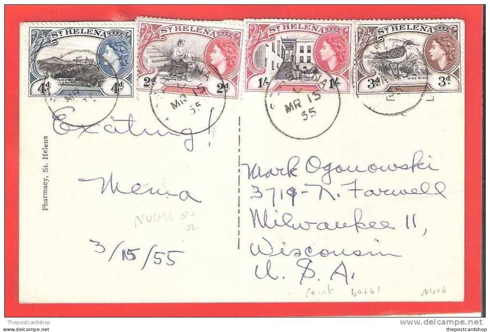 ST.HELENA 1955 4 STAMPS ATTACHED 2d 3d 4d 1/- Uunusual Postcard Sainte Helena Jamestown View - Saint Helena Island