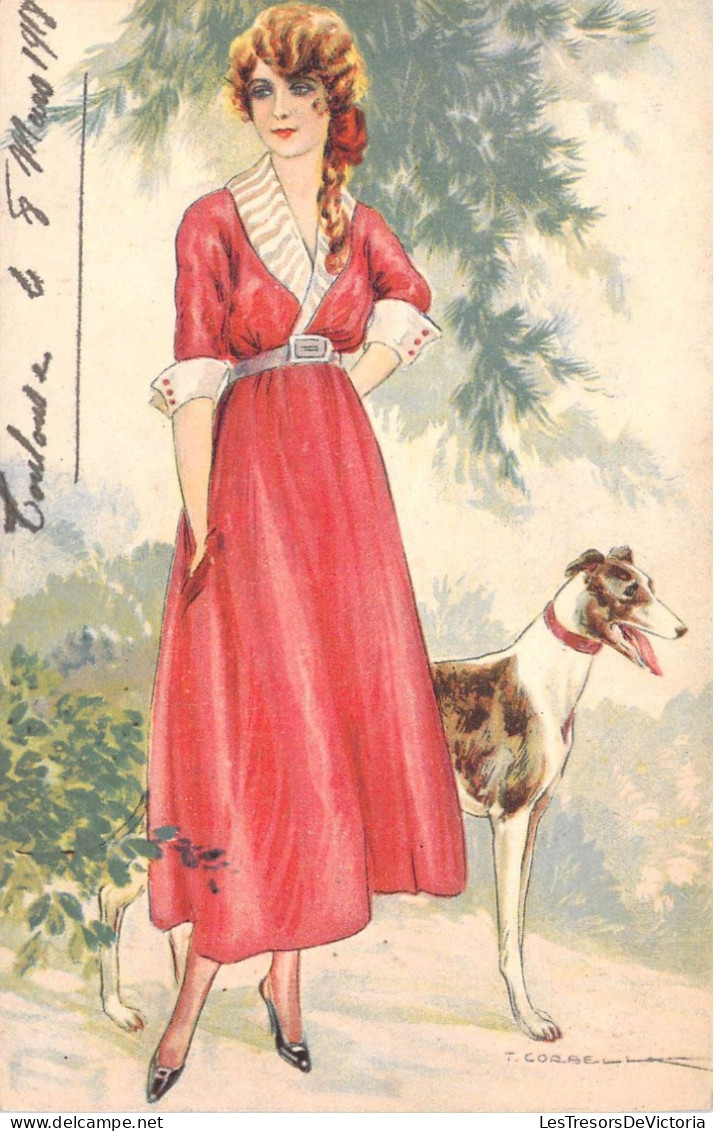 Illustrateur - Corbella - Femme En Robe Rouge Avec Chien - Colorisé - Daté 1918 - Carte Postale Ancienne - Corbella, T.