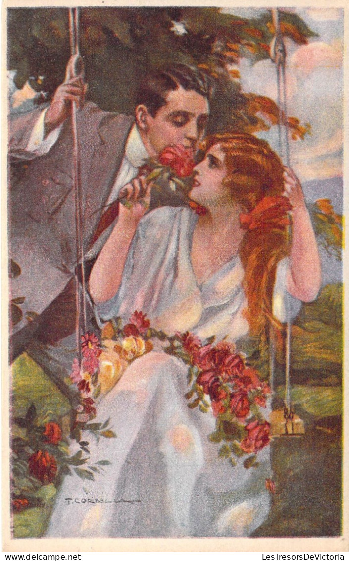 Illustrateur - Corbella - Femme Sur Balançoire Avec Rose Et Homme Qui Veut L'embrasser - Carte Postale Ancienne - Corbella, T.