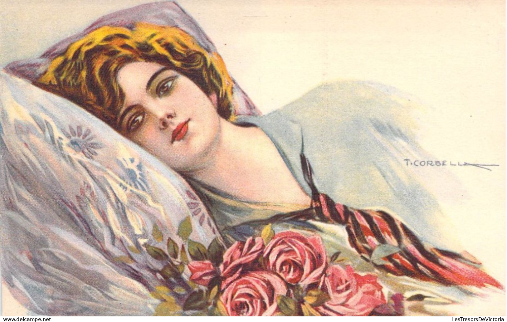 Illustrateur - Corbella - Femme Allongée Avec Roses - Colorisé - Carte Postale Ancienne - Corbella, T.