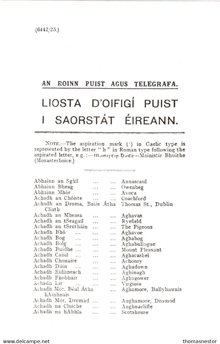 LIOSTA D'OIFIGÍ PUIST SAORSTÁT ÉIREANN 1923 / LIST OF POST OFFICES SAORSTÁT ÉIREANN 1923 - Andere & Zonder Classificatie