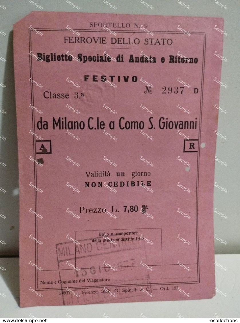 Italy Italia Railway Ticket Biglietto Giornaliero Ferrovie Milano Centrale - Como S. Giovanni. 1937 - Europe