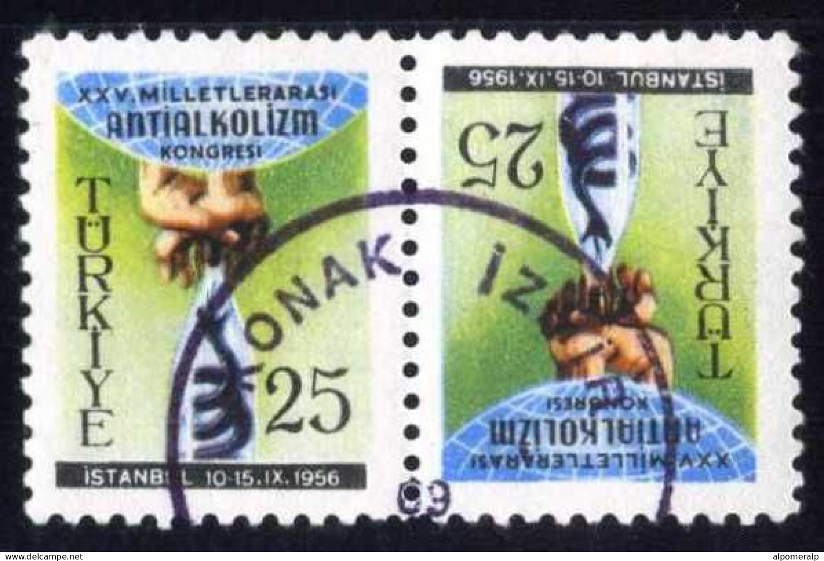 Türkiye 1956 Mi 1486 [Tête-bêche] Int. Anti-Alcoholism Congress | Hands Holding Bottled Serpent - Used Stamps