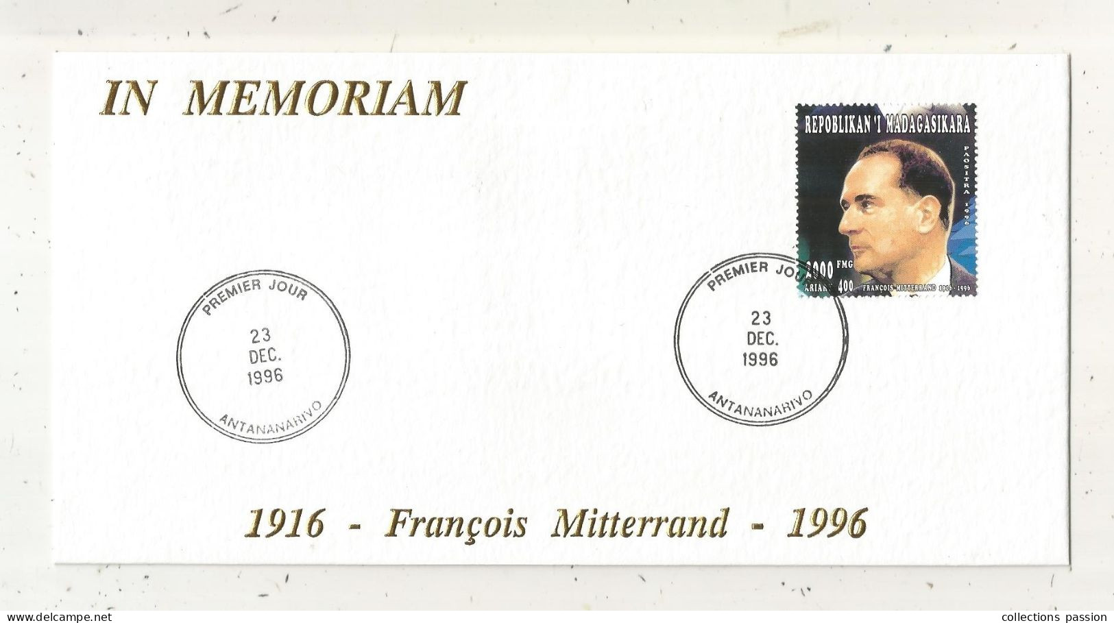 IN MEMORIAM, FDC, 1 Er Jour, MADAGASCAR ,23 Dec. 1996,  FRANCOIS MITTERRAND  1916-1996, Frais Fr 1.85 E - Madagaskar (1960-...)