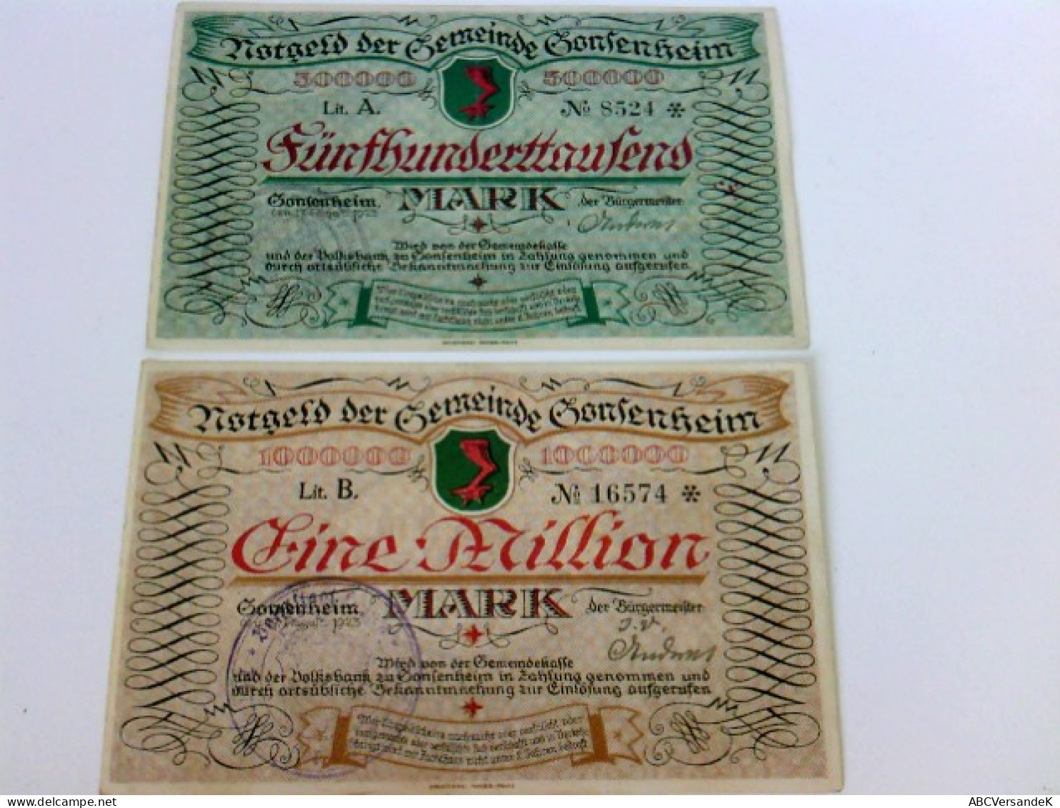 Notgeld Der Gemeinde Gonsenheim: 2 Scheine: 1 Million + 500 000 Mark. 17. August 1923 - Numismatik