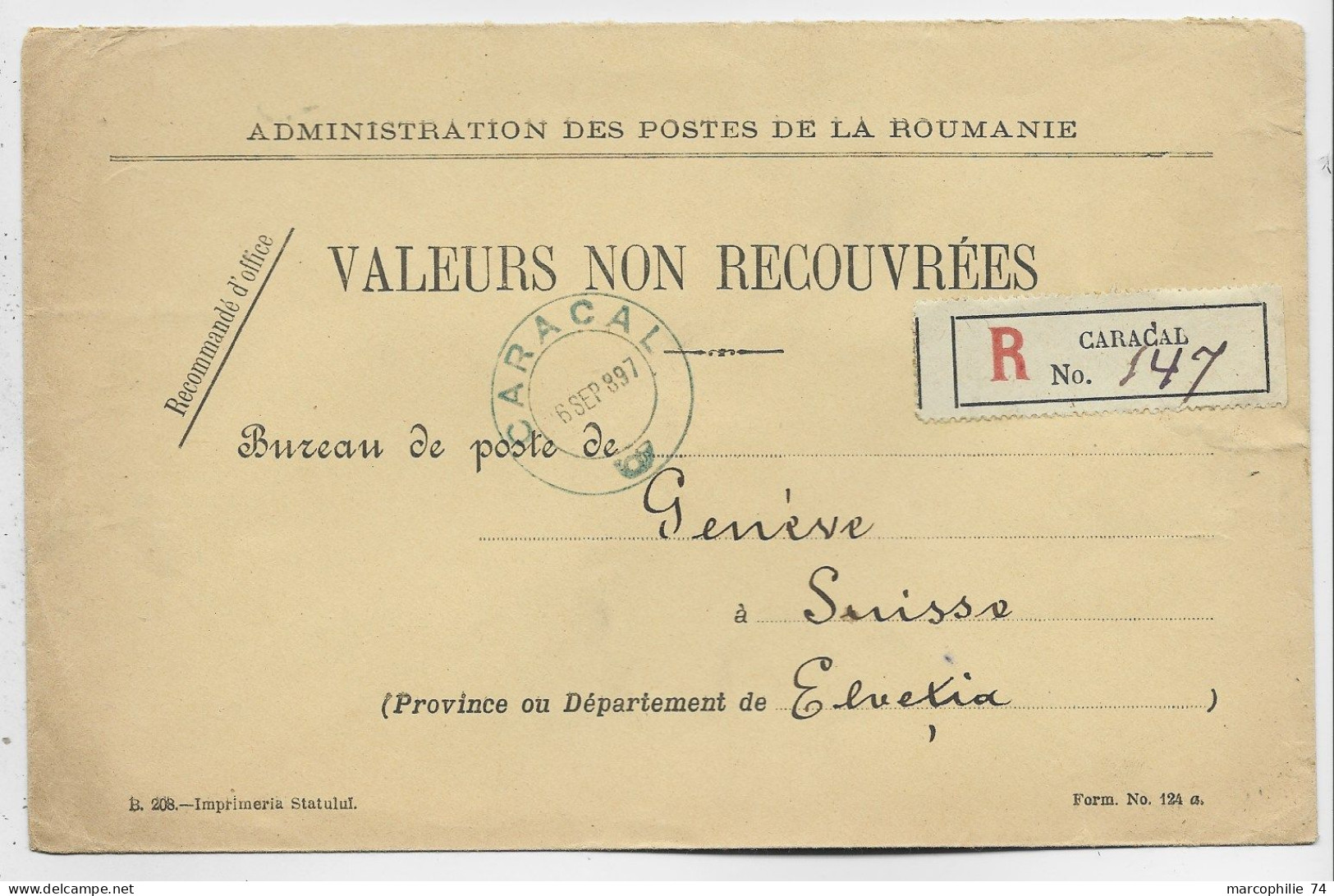 ROMANIA ROUMANIE LETTRE COVER VALEURS NON RECOUVREES REC CARACAL 6 SEPT 1897 TO GENEVE SUISSE - Brieven En Documenten