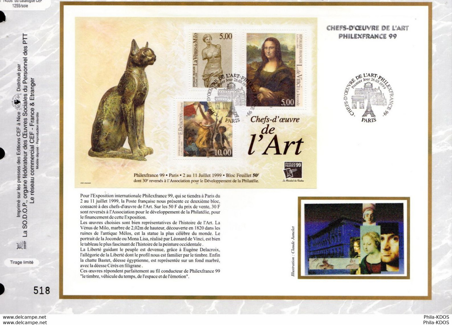 " PHILEXFRANCE 99 / LE LOUVRE / LA JOCONDE / DE VINCI " Sur Feuillet CEF En Soie De 1999 N°YT BF23 FDC A SAISIR ! - Museums