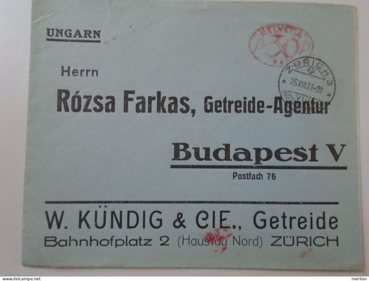 D194027  COVER - Switzerland  Suisse 1931 EMA  Postage Red Meter Stamp - Zürich Hauptbahnhof - Rózsa Farkas Budapest - Frankiermaschinen (FraMA)