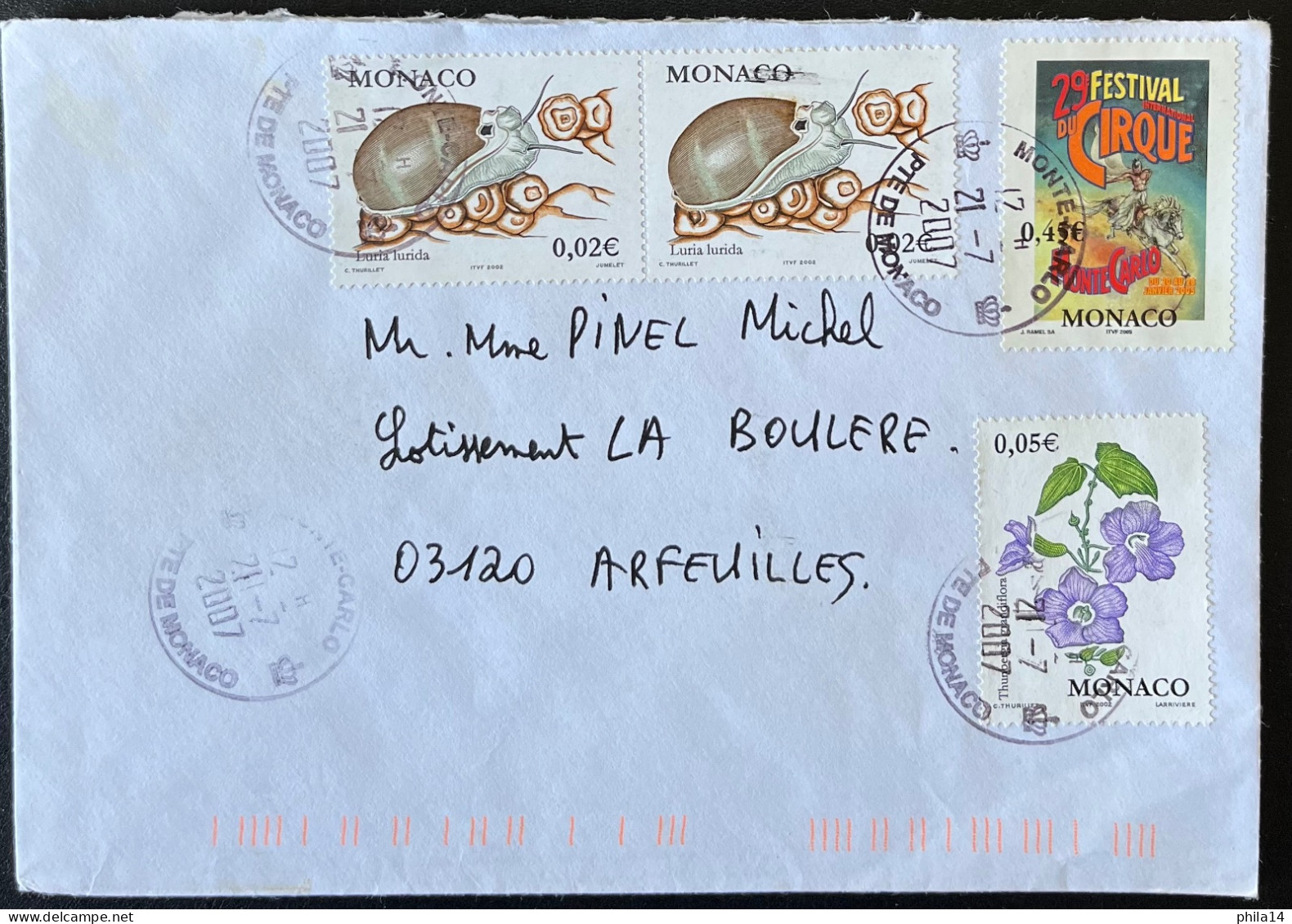 ENVELOPPE MONACO MONTE CARLO 2007 POUR ARFEUILLES / CIRQUE LURIA LURIDA - Storia Postale