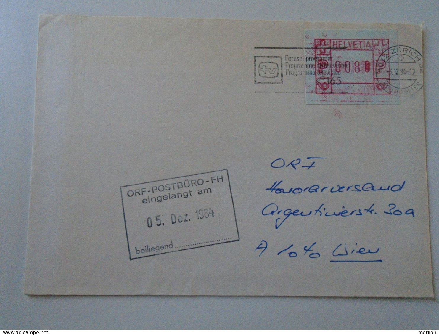 D194031  COVER - Switzerland  Suisse 1984 EMA  Postage Red Meter - Zürich - Fernsehprogramm  Nach ORF WIEN - Frankiermaschinen (FraMA)