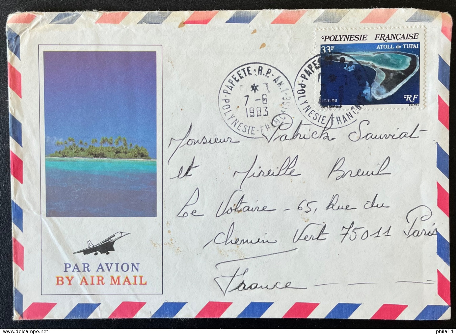 ENVELOPPE PAPEETE POLYNESIE FRANCAISE 1983 POUR PARIS  / ATOLL DE TUPAI - Tahiti