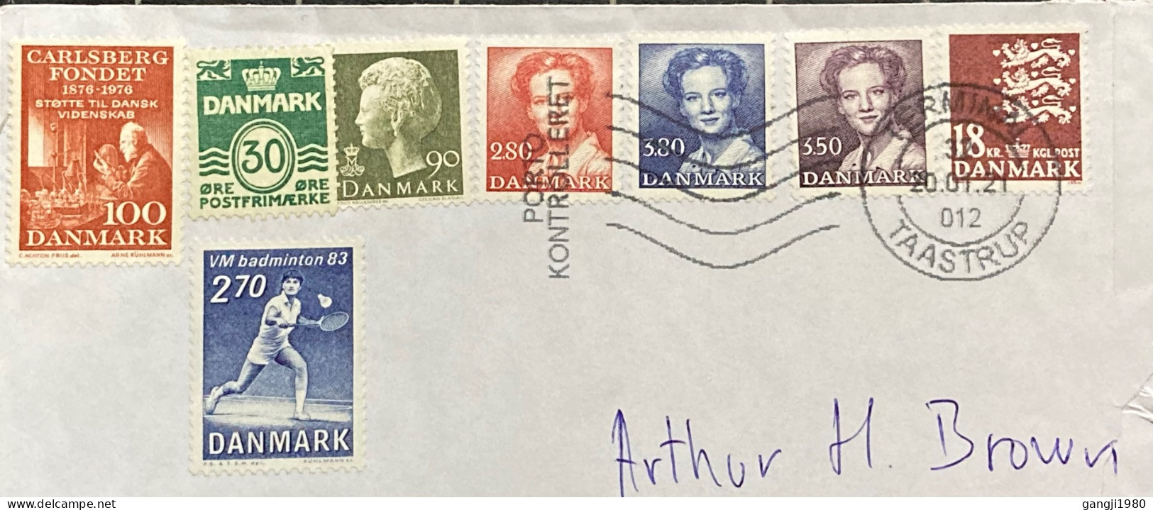 DENMARK 2021, COVER USED TO USA, 8 DIFFERENT STAMP USED, QUEEN, COAT OF ARM, BADMINTON SPORT, GAME, TERMINAL TAASTRUP, P - Storia Postale