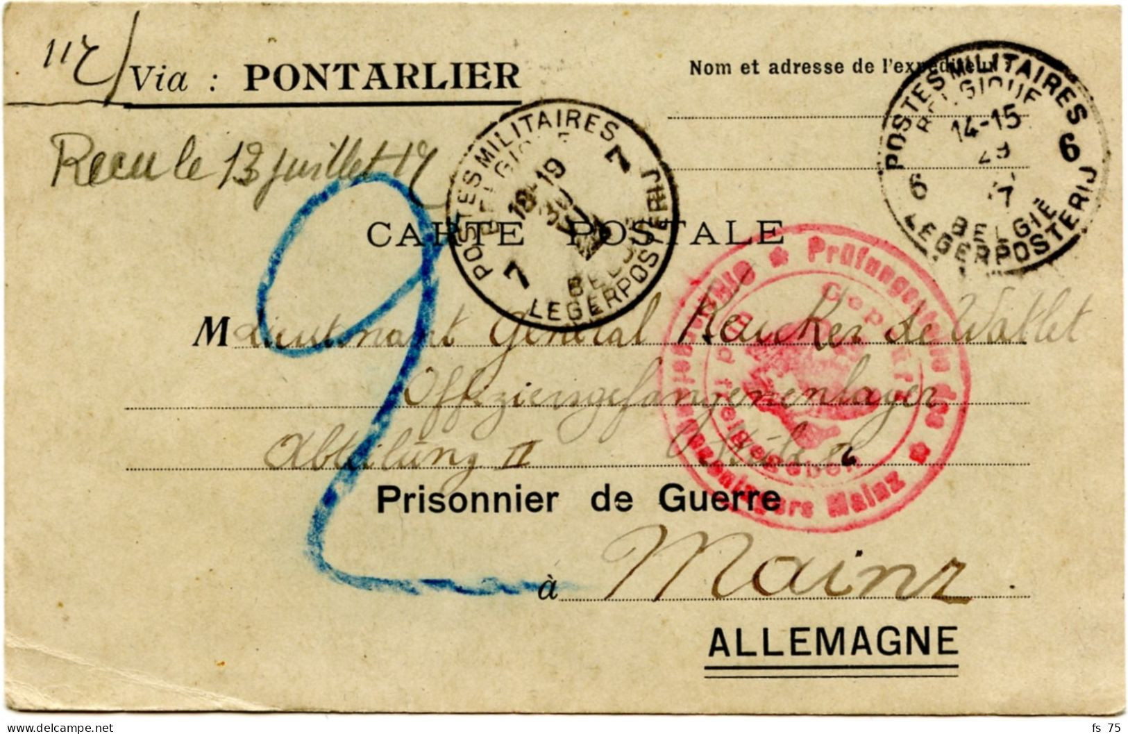 SC BILINGUE POSTES MILITAIRES BELGIQUE 6 ET 7 SUR CARTE EN FRANCHISE POUR KEUCKER DE WATLET PRISONNIER A MAYENCE, 1917 - Esercito Belga