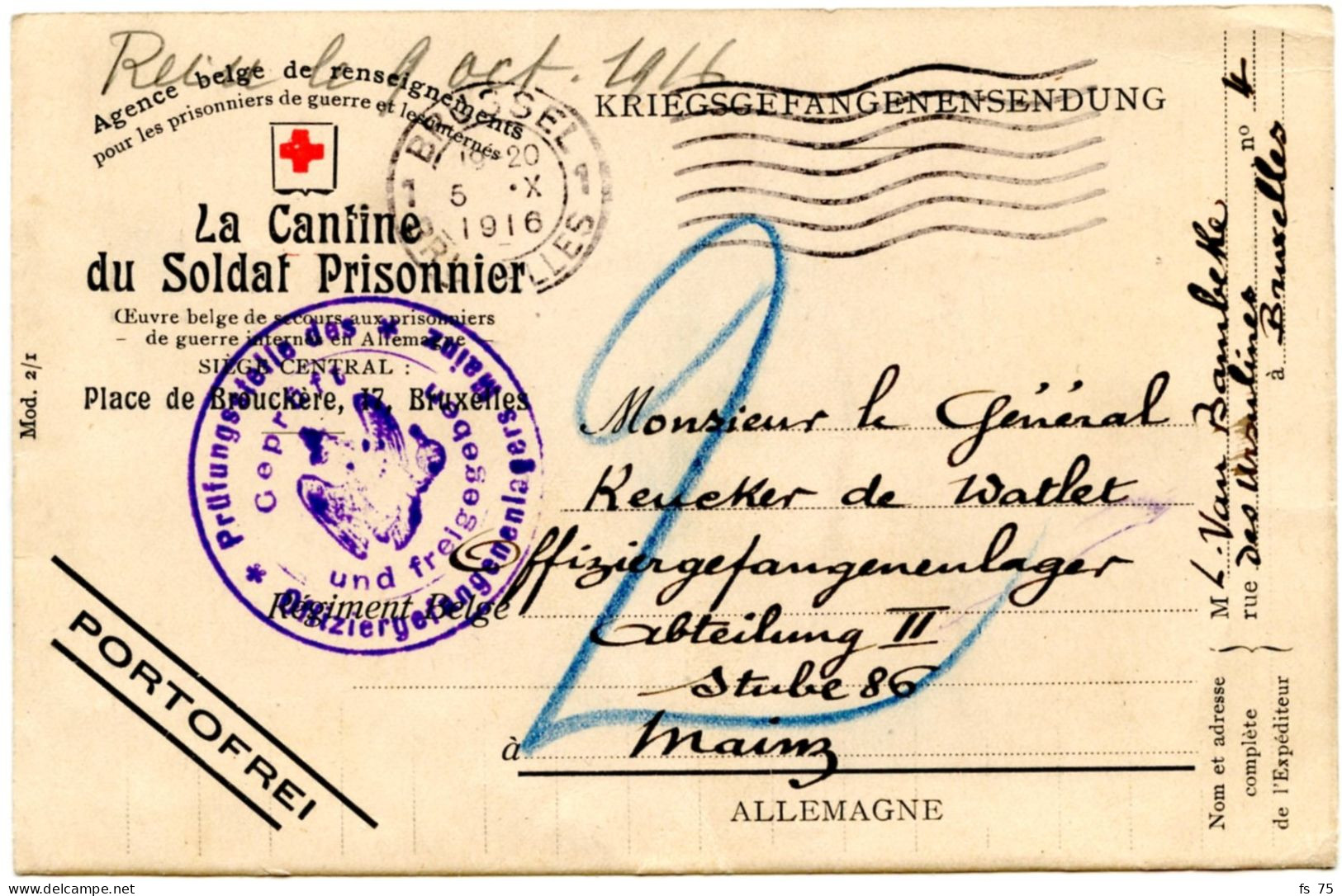 CARTE EN FRANCHISE LA CANTINE DU SOLDAT PRISONNIER POUR LE GENERAL KEUCKER DE WATLET A MAYENCE, 1916 - Armée Belge