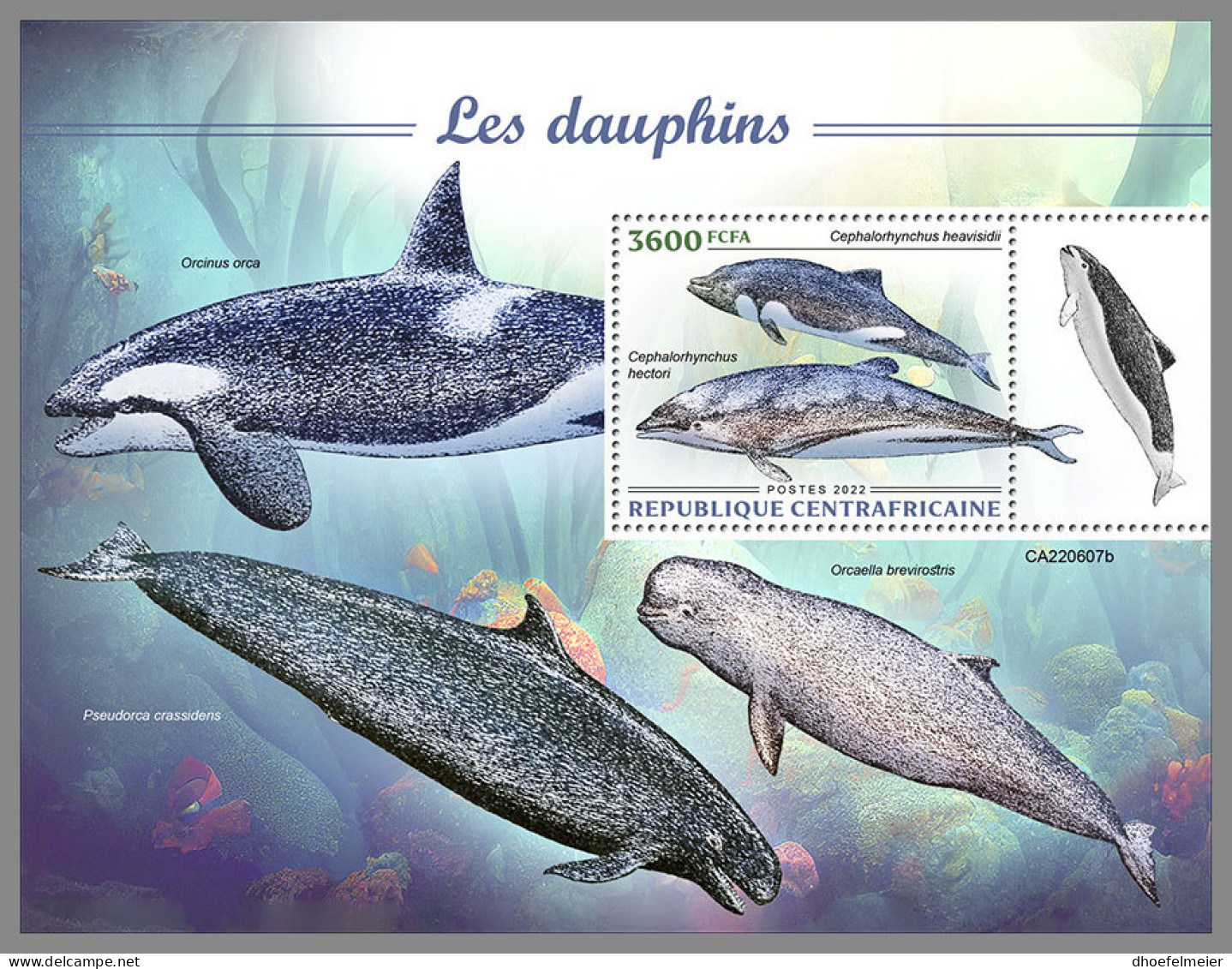 CENTRAL AFRICAN REP. 2022 MNH Dolphins Delphine Dauphins S/S - IMPERFORATED - DHQ2314 - Dauphins