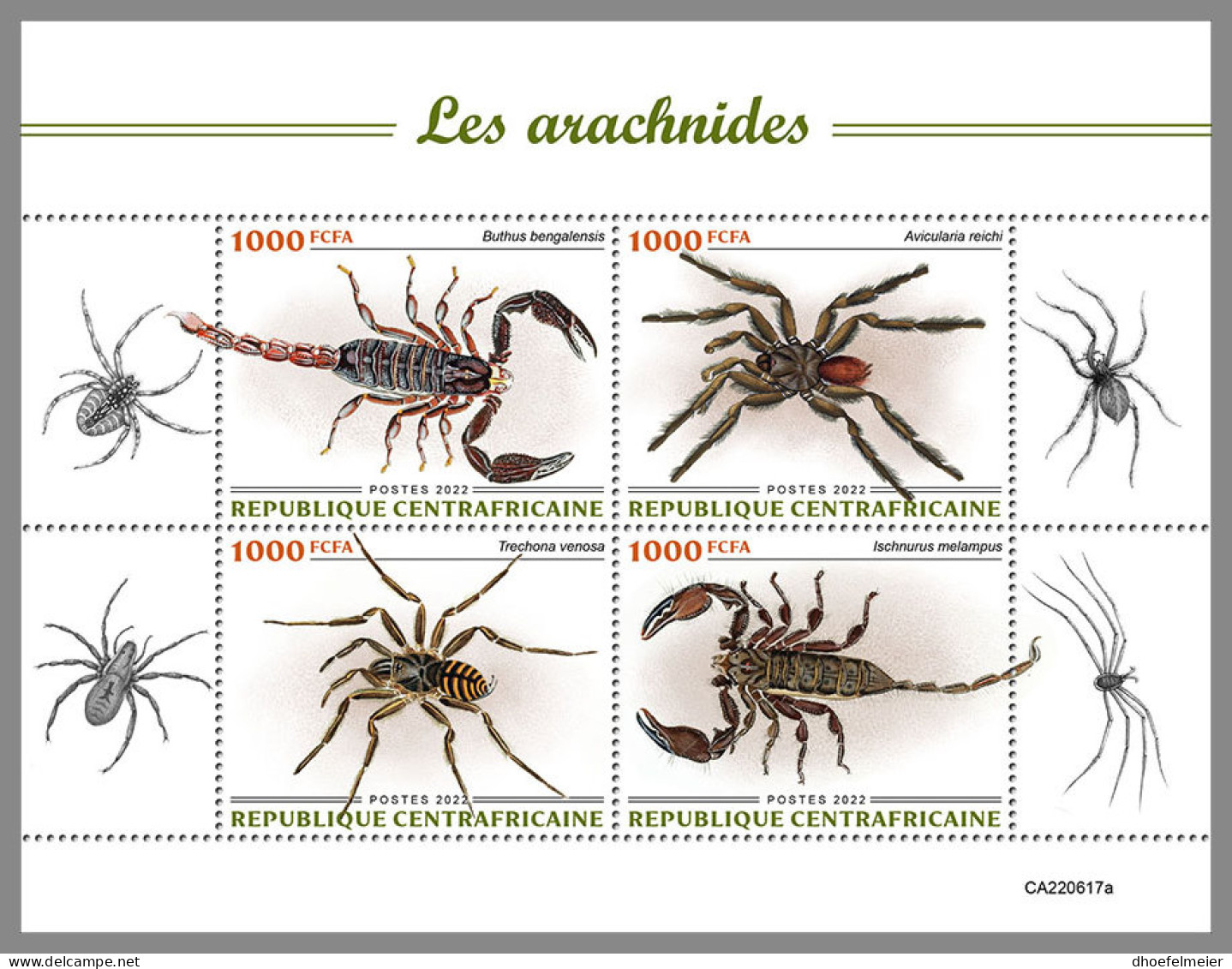 CENTRAL AFRICAN REP. 2022 MNH Arachnids Spinnentiere Arachnides M/S - IMPERFORATED - DHQ2314 - Spiders