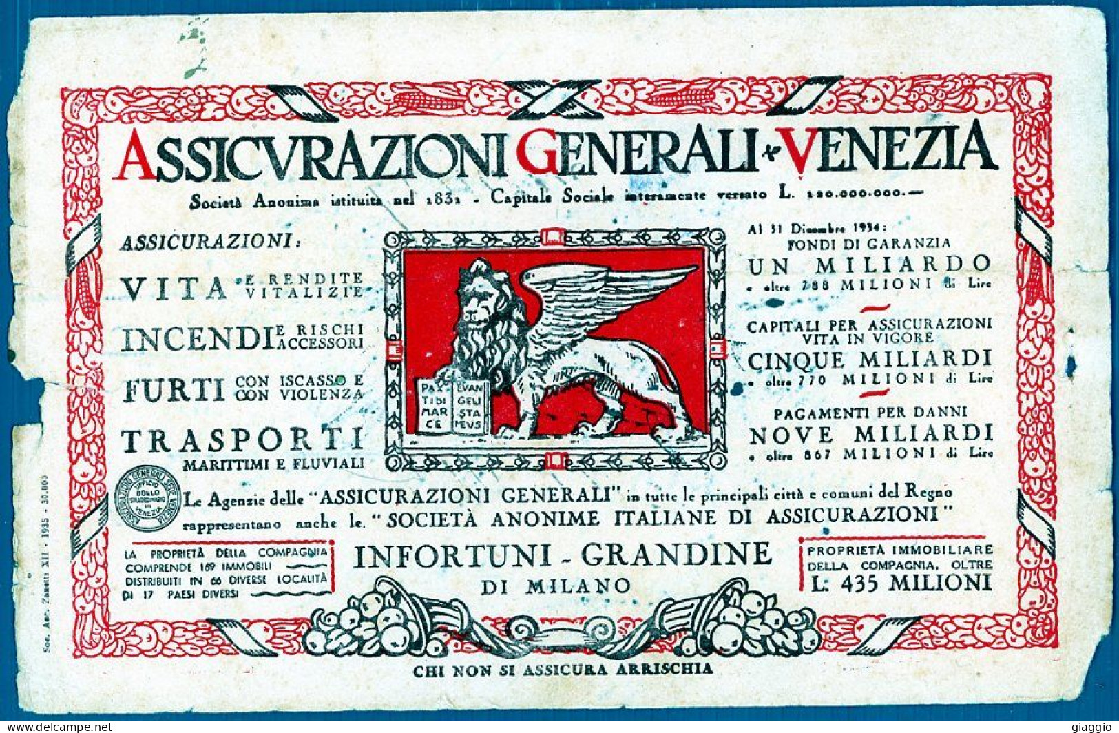 °°° Carta Assorbende N. 5320 - Assicurazioni Generali Venezia Fuori Formato °°° - Bank En Verzekering