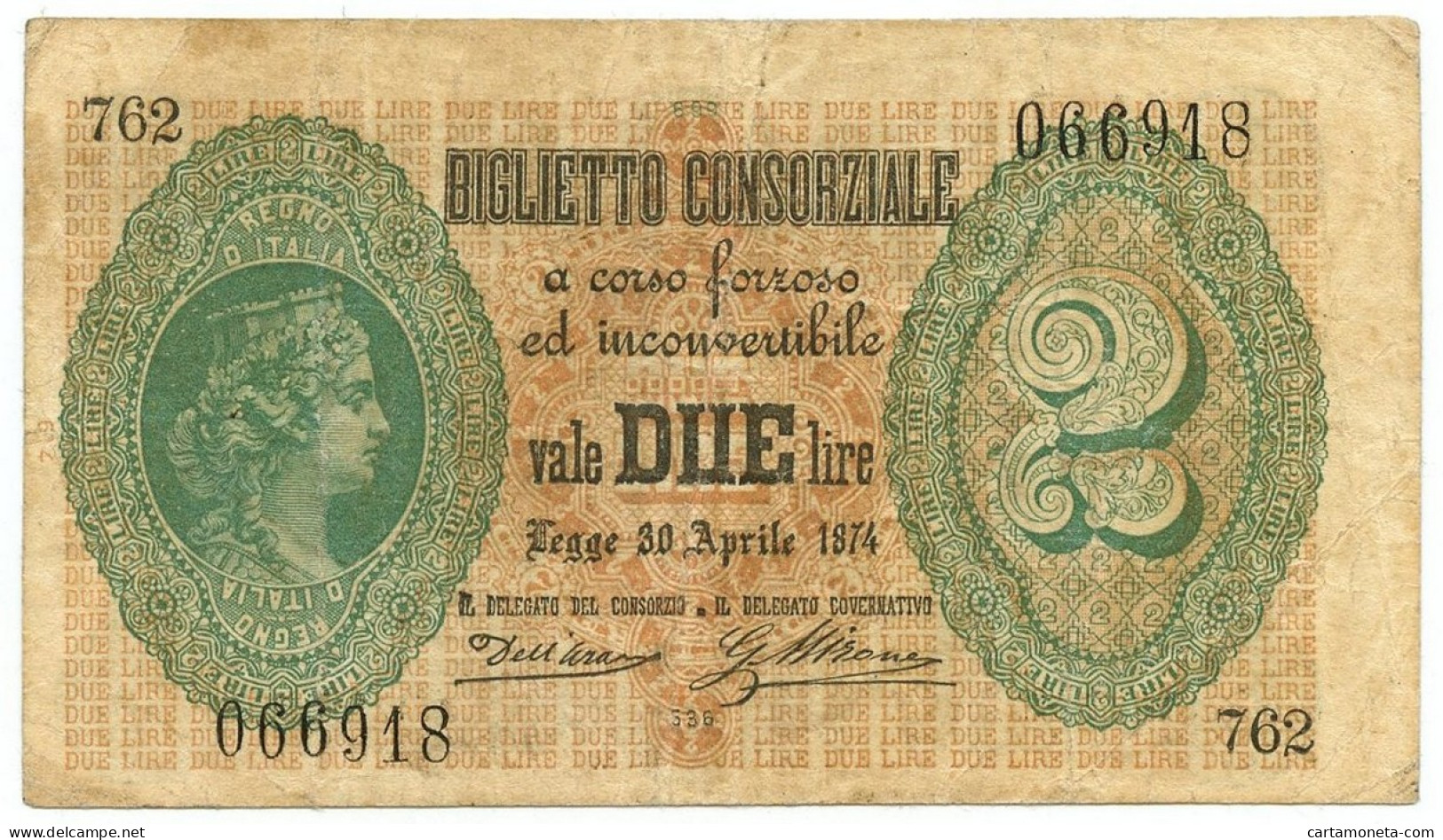 2 LIRE BIGLIETTO CONSORZIALE REGNO D'ITALIA 30/04/1874 BB/BB+ - Biglietti Consorziale