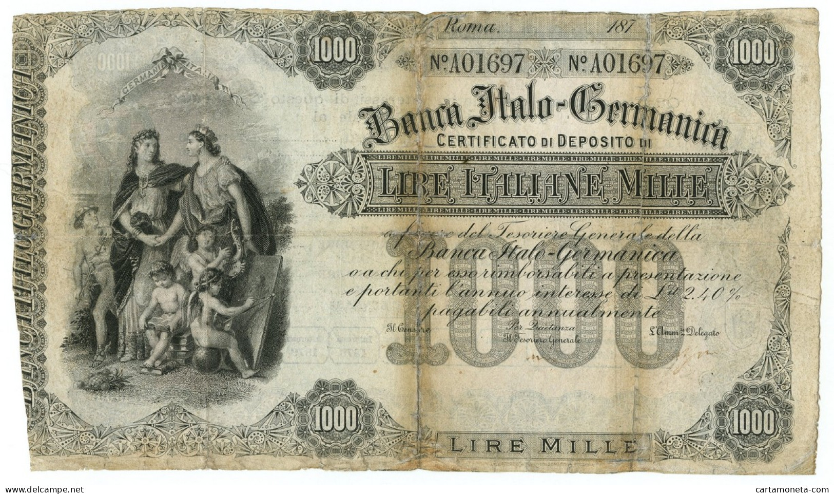 1000 LIRE CERTIFICATO DI DEPOSITO BANCA ITALO GERMANICA 187_ MB+ - Altri & Non Classificati