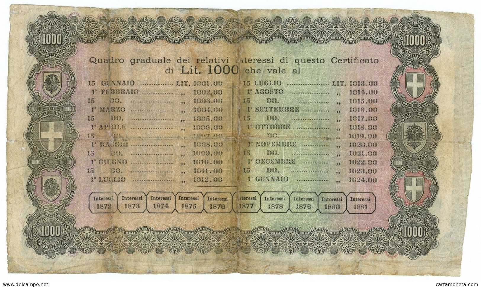 1000 LIRE CERTIFICATO DI DEPOSITO BANCA ITALO GERMANICA 187_ MB+ - Altri & Non Classificati