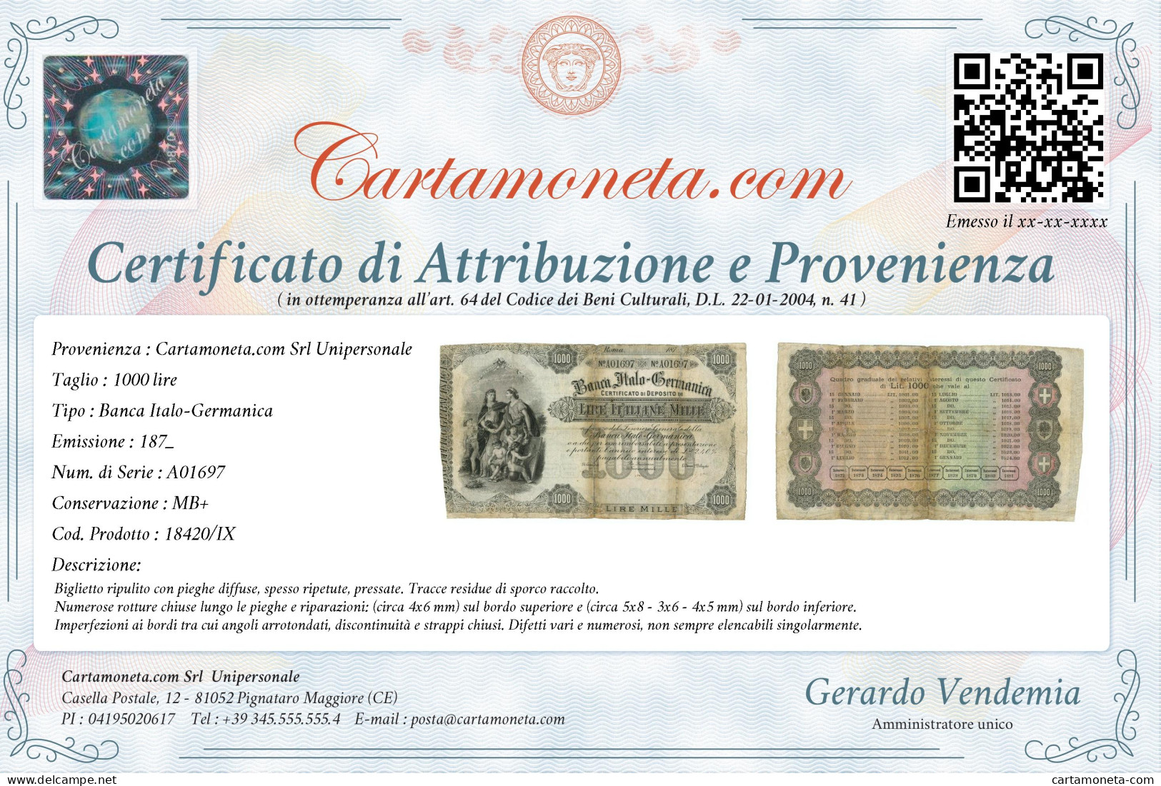 1000 LIRE CERTIFICATO DI DEPOSITO BANCA ITALO GERMANICA 187_ MB+ - Altri & Non Classificati