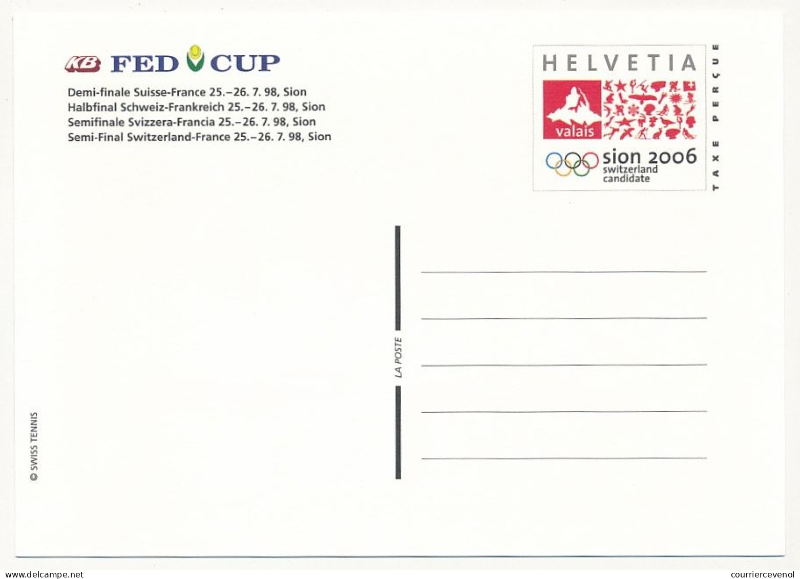 SUISSE => 8 Entiers Postaux (CP) => Candidature Sion Pour JO. FED CUP - 2 Obl Demi Finale Suisse France, 2 Obl Finale + - Stamped Stationery