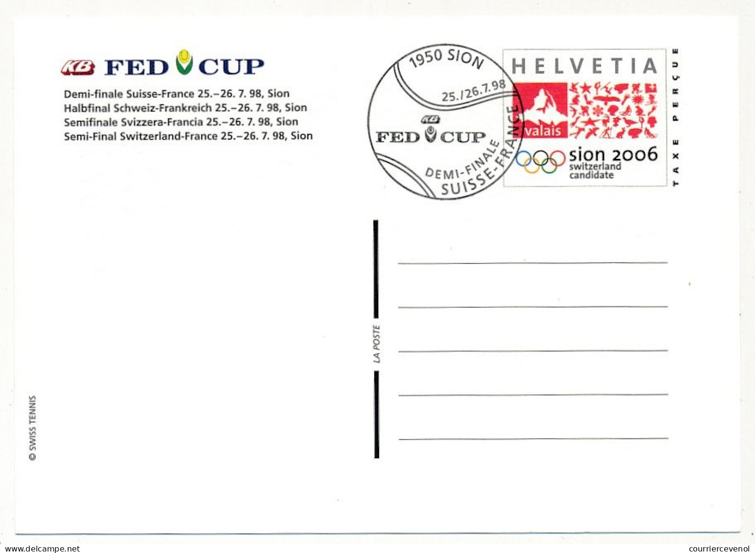 SUISSE => 8 Entiers postaux (CP) => Candidature Sion pour JO. FED CUP - 2 obl Demi finale Suisse France, 2 obl finale +