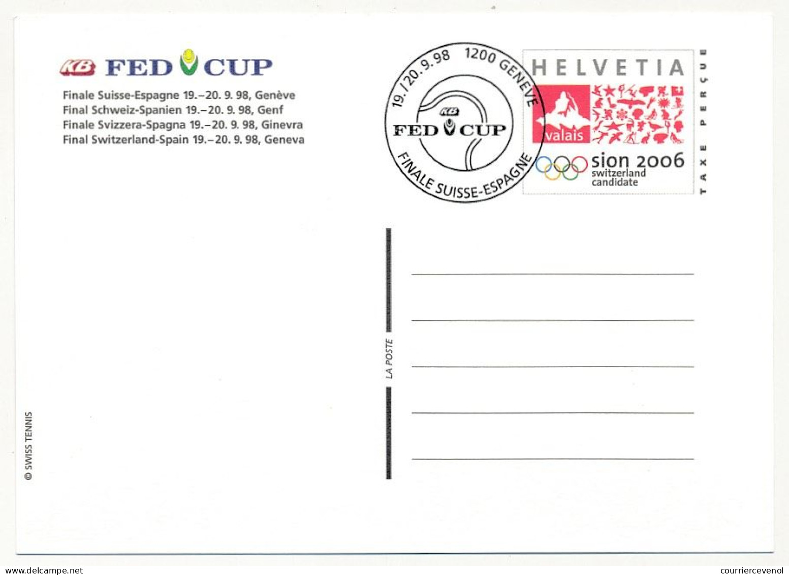 SUISSE => 8 Entiers postaux (CP) => Candidature Sion pour JO. FED CUP - 2 obl Demi finale Suisse France, 2 obl finale +