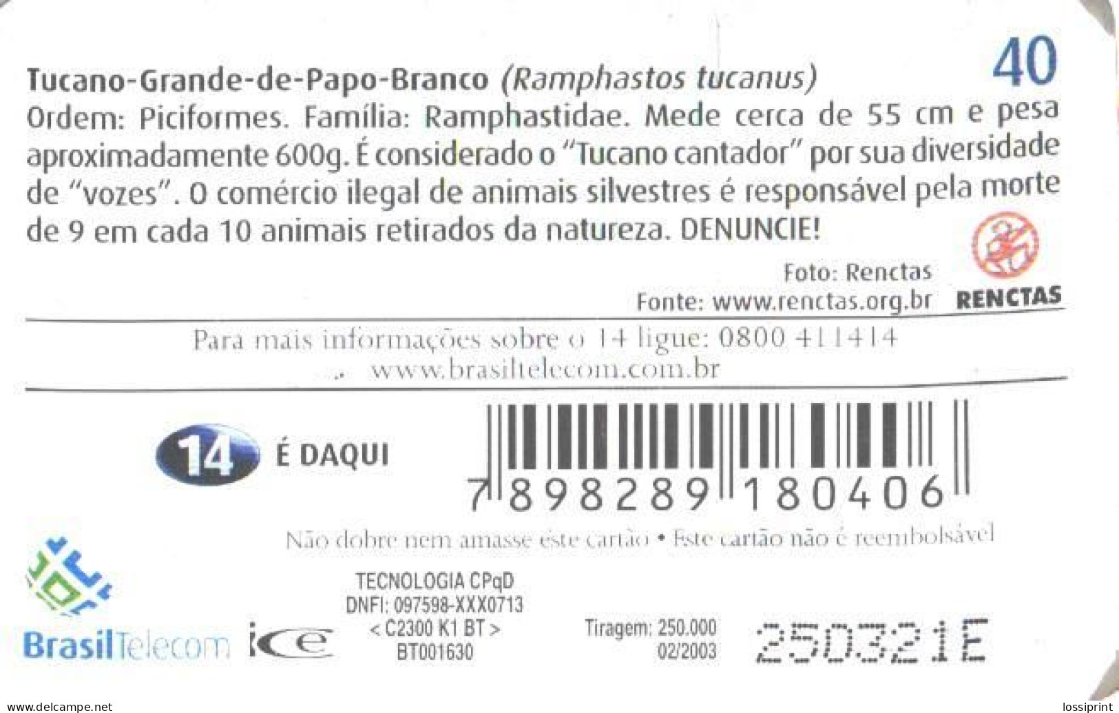 Brazil:Brasil:Used Phonecard, Brasil Telecom, 40 Units, Bird, Toucan, Ramphastos Tucanus, 2003 - Brasilien