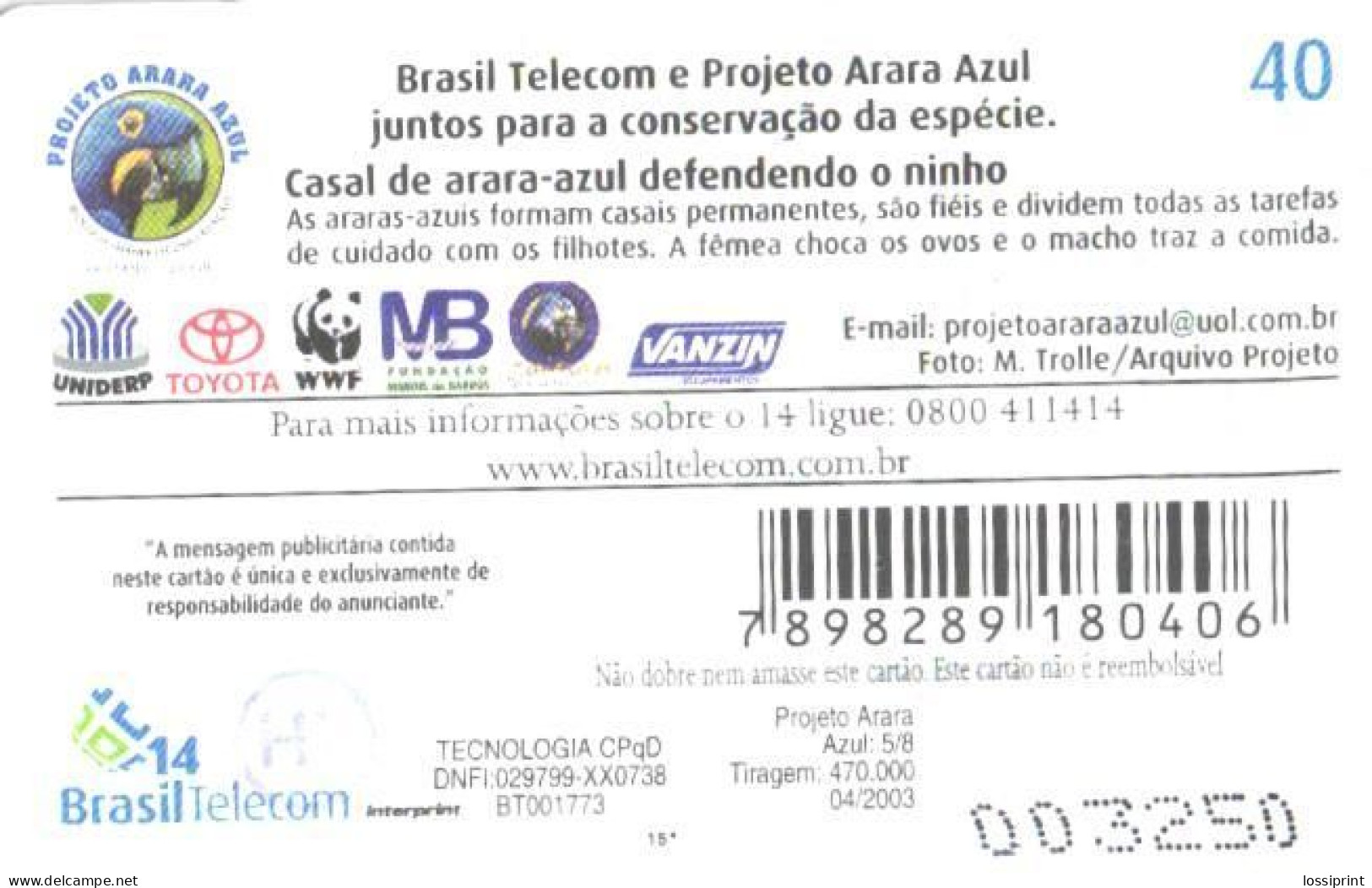 Brazil:Brasil:Used Phonecard, Brasil Telecom, 40 Units, Bird, Parrots, 2003 - Brasilien