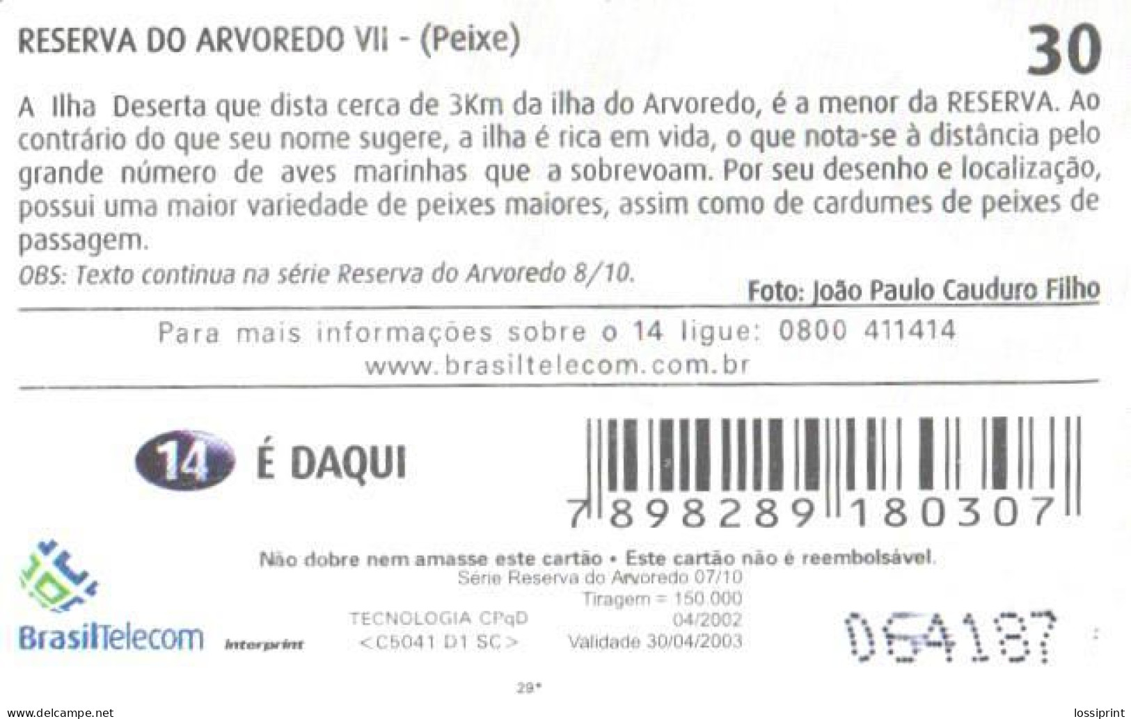 Brazil:Brasil:Used Phonecard, Brasil Telecom, 30 Units, Fish, 2002 - Brasilien
