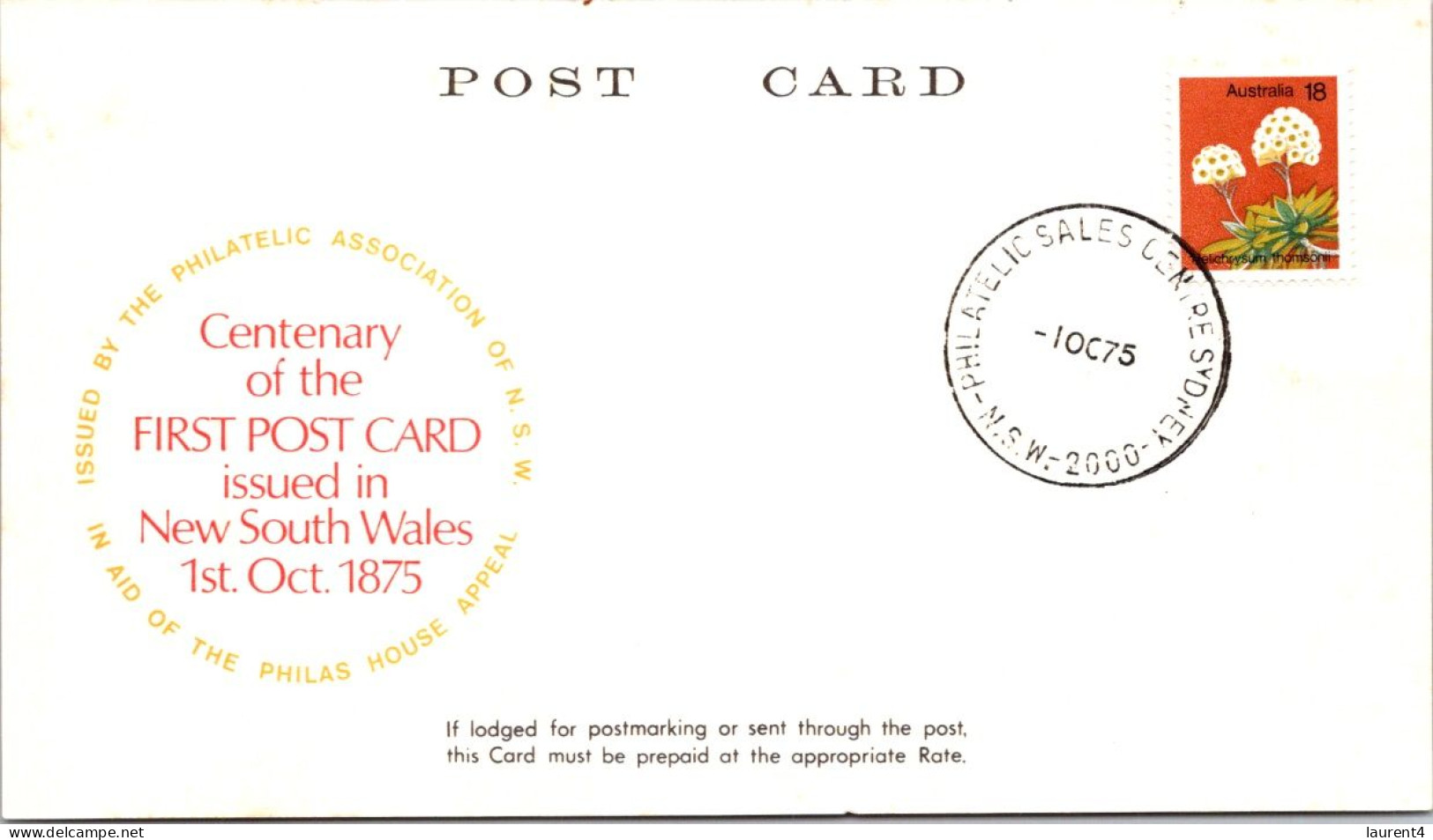 (4 P 29) Centanary Of The First Post Card Issued In NSW - 1st October 1875 (postmark 1st October 1975) - Poste & Facteurs