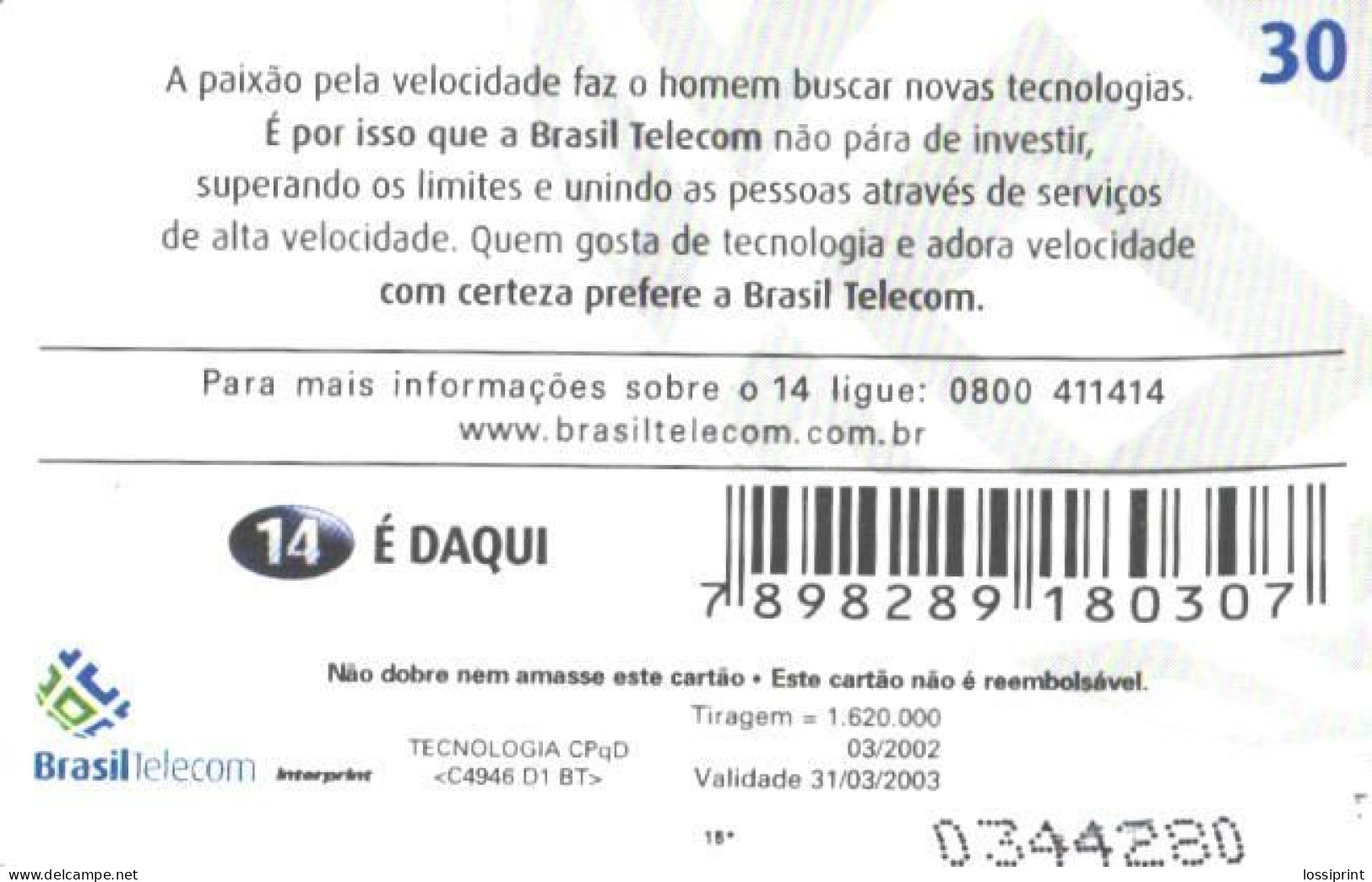 Brazil:Brasil:Used Phonecard, Brasil Telecom, 30 Units, Formula 1 Car, 2002 - Brasilien