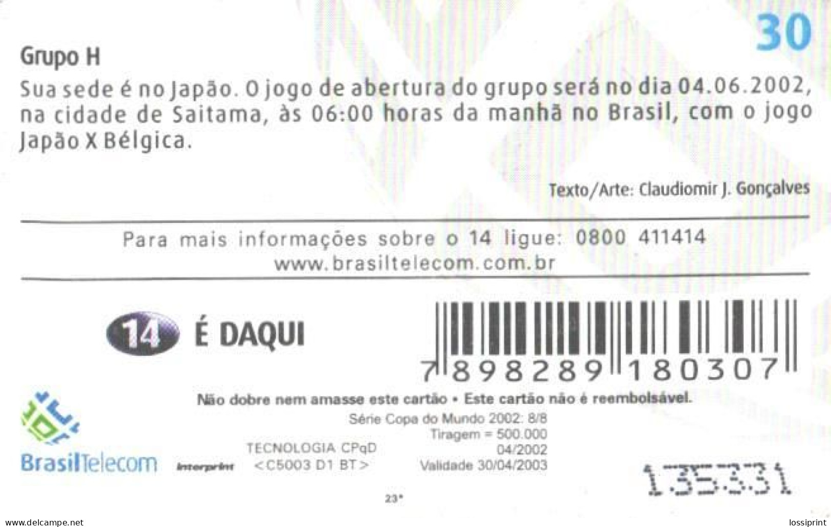 Brazil:Brasil:Used Phonecard, Brasil Telecom, 30 Units, Football Group H, 2002 - Brasilien