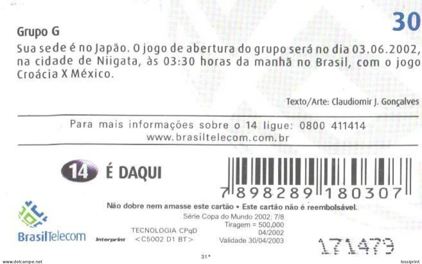 Brazil:Brasil:Used Phonecard, Brasil Telecom, 30 Units, Football Group G, 2002 - Brasilien
