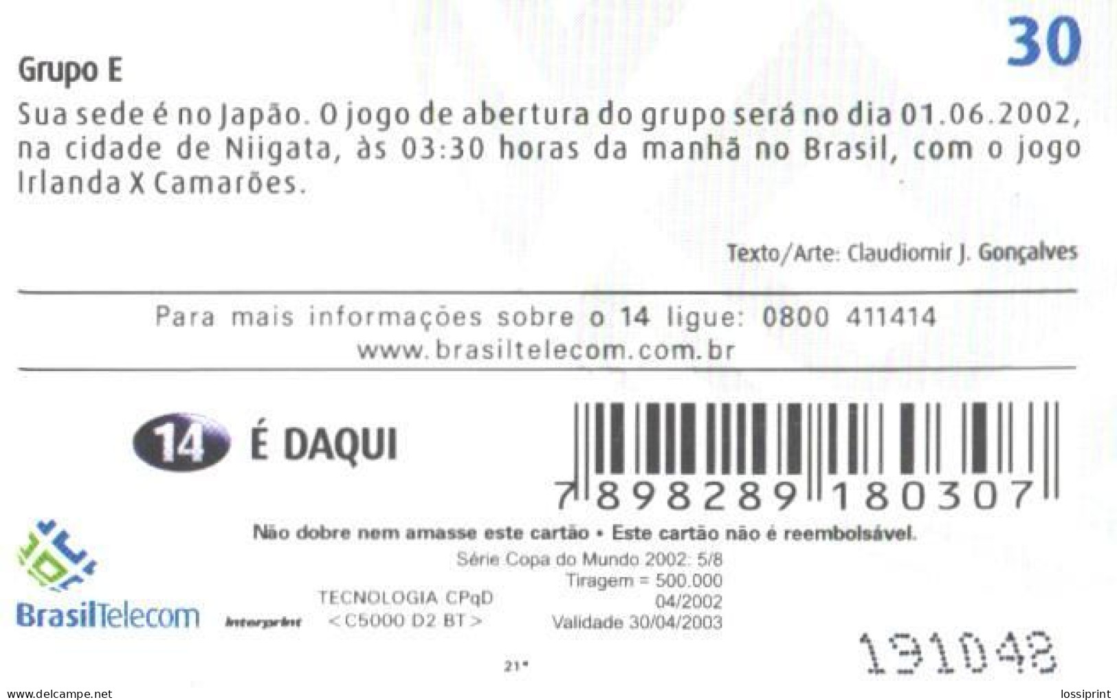 Brazil:Brasil:Used Phonecard, Brasil Telecom, 30 Units, Football Group E, 2002 - Brasilien