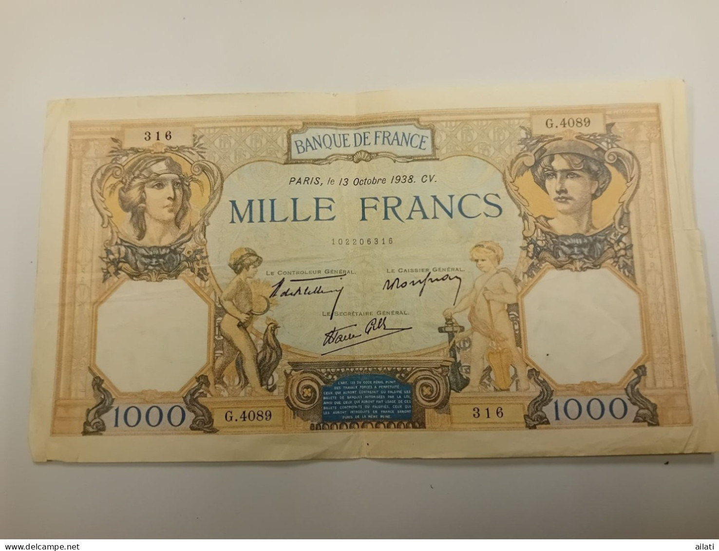 Un Billet De 1000 Francs Françaises - 1 000 F 1927-1940 ''Cérès Et Mercure''