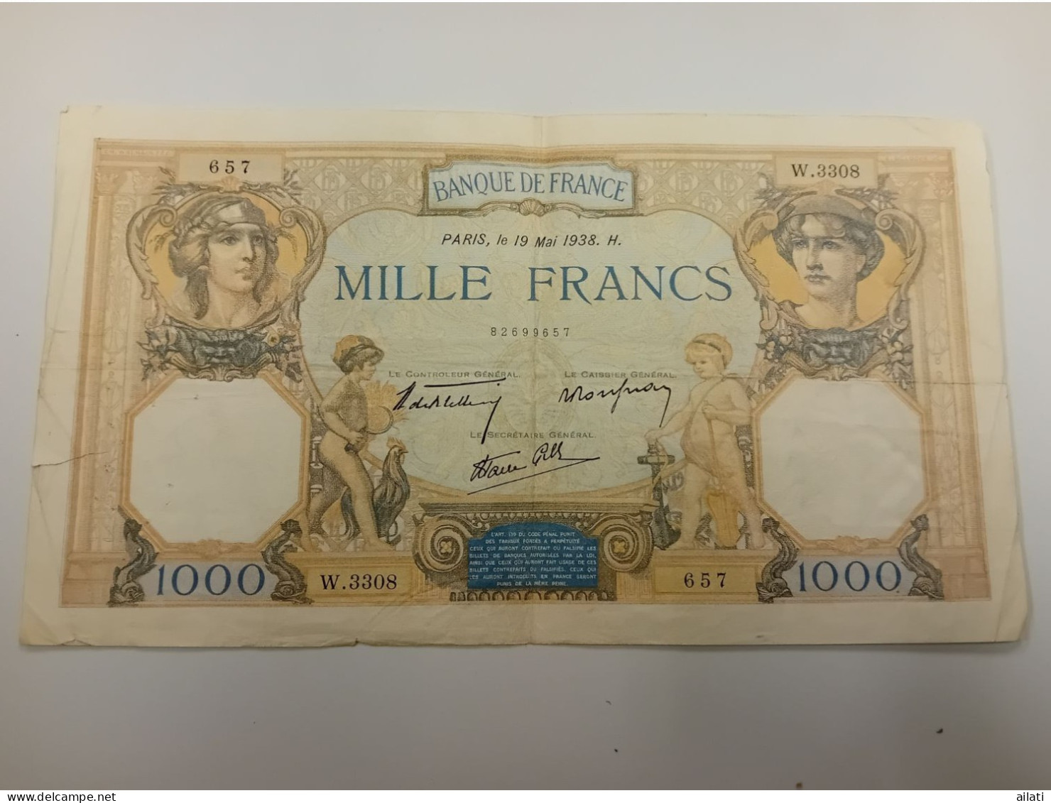 Un Billet De 1000 Francs Françaises - 1 000 F 1927-1940 ''Cérès Et Mercure''