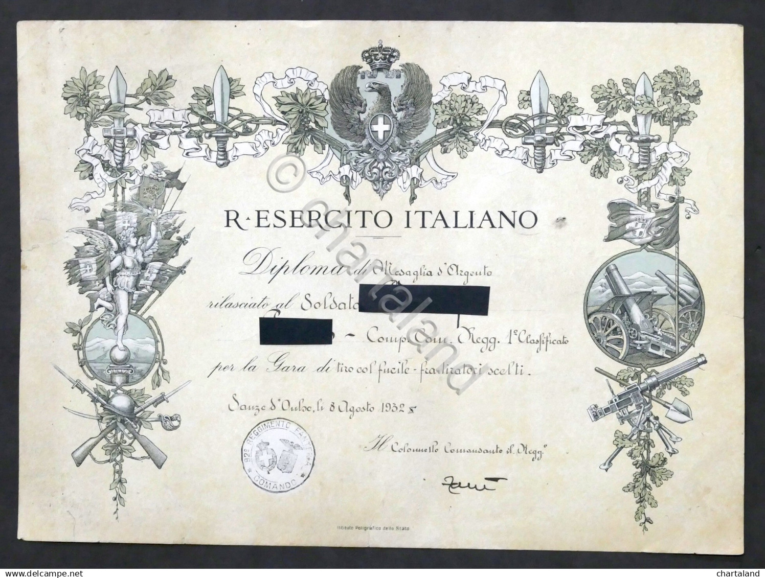 Regio Esercito Italiano - Diploma Di Medaglia D'Argento Gara Fucile - 1932 - Documents