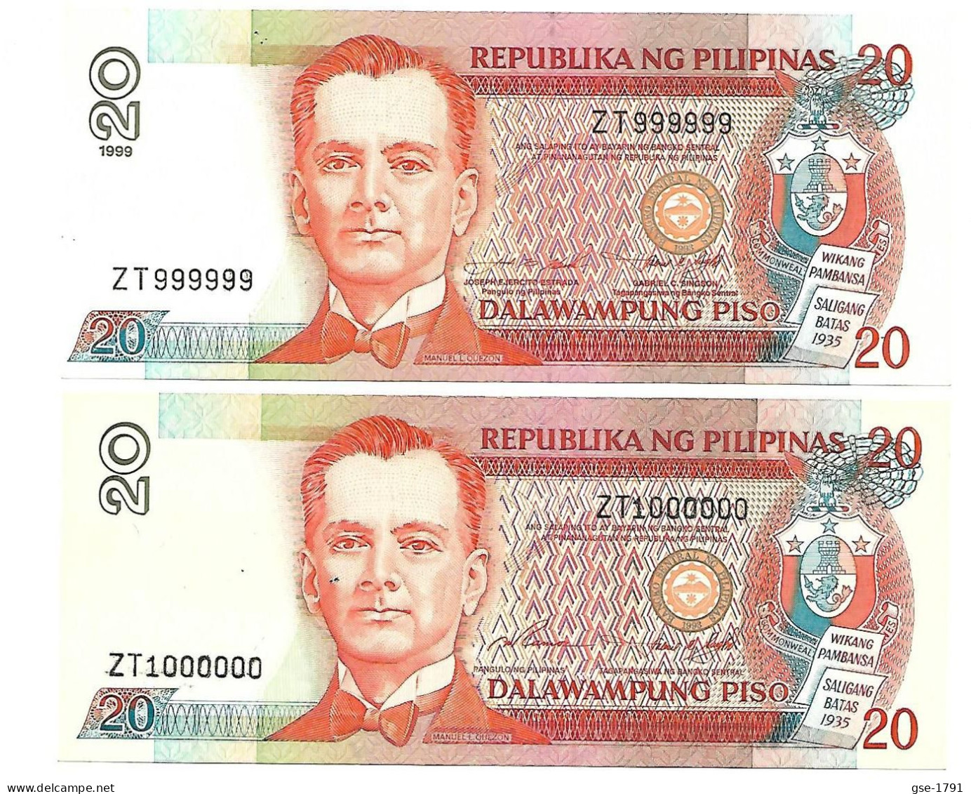 PHILIPPINES   ERREUR  & CHANGEMENT De Signature  Sur Le 20 Piso 1999  Billet Pr. Neufs - Philippines