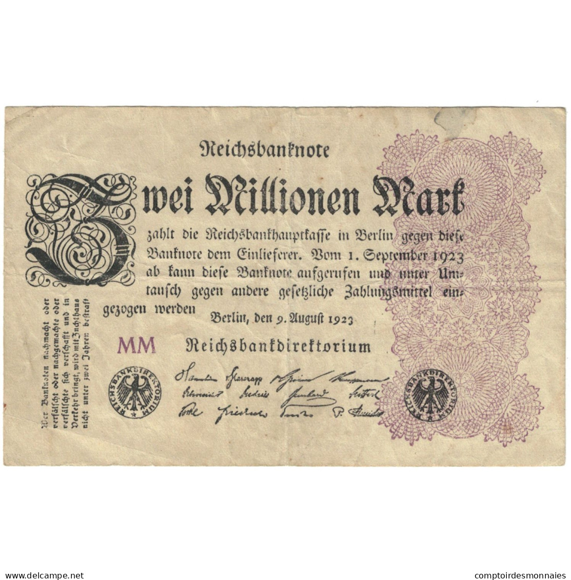 Billet, Allemagne, 2 Millionen Mark, 1923-08-09, KM:104a, TB - 2 Mio. Mark