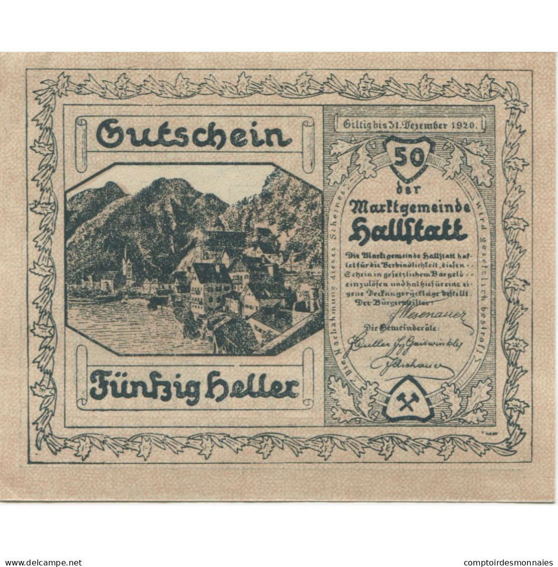 Billet, Autriche, Hallstatt, 50 Heller, Village 1920-12-31, SPL, Mehl:FS 345 - Autriche