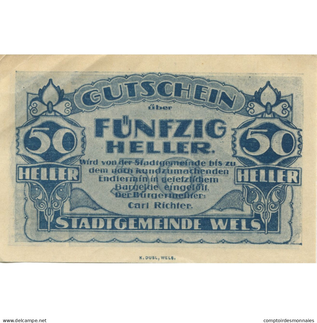 Billet, Autriche, Wels, 50 Heller, Eglise, 1920, SUP, Mehl:FS 1167II - Autriche