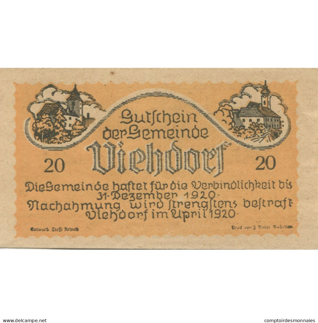 Billet, Autriche, Viehdorf, 20 Heller, Vache 1920-12-31, SPL Mehl:FS 1111a - Autriche