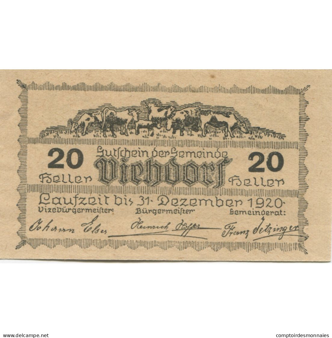 Billet, Autriche, Viehdorf, 20 Heller, Vache 1920-12-31, SPL Mehl:FS 1111a - Autriche