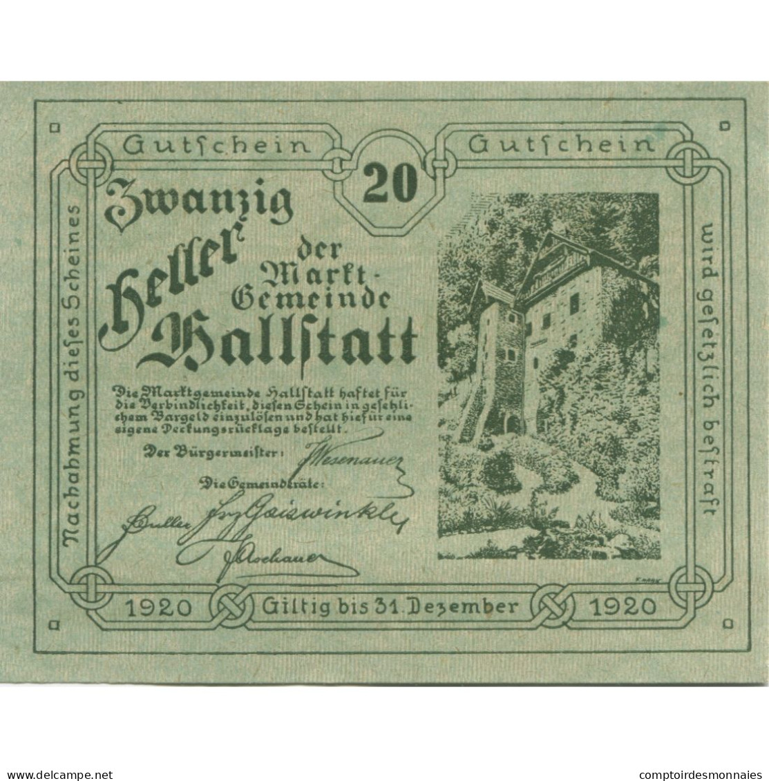 Billet, Autriche, Hallstatt, 20 Heller, Château 1920-12-31, SPL Mehl:FS 345 - Autriche