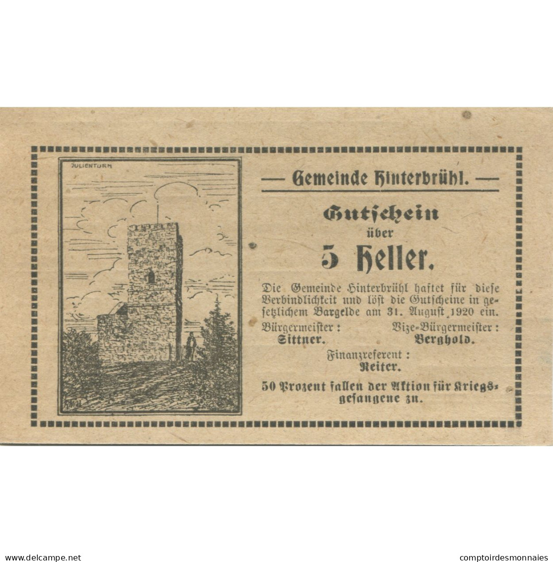 Billet, Autriche, Hinterbrühl, 5 Heller, Tour, 1920-08-31, SPL Mehl:FS 376IIIc - Autriche