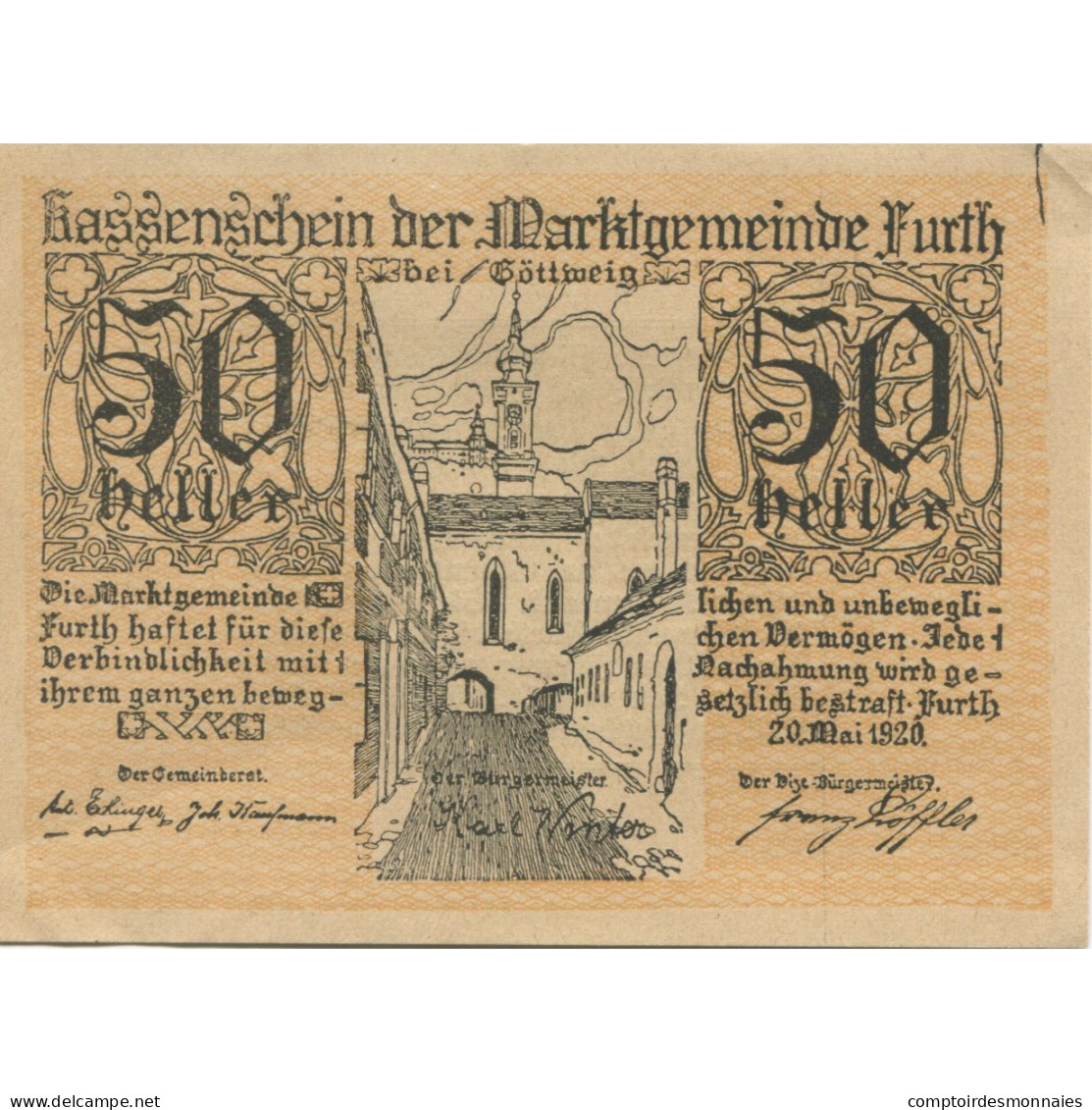 Billet, Autriche, Furth, 50 Heller, Rue, 1920, 1920-09-30, SPL, Mehl:FS 214aB - Autriche